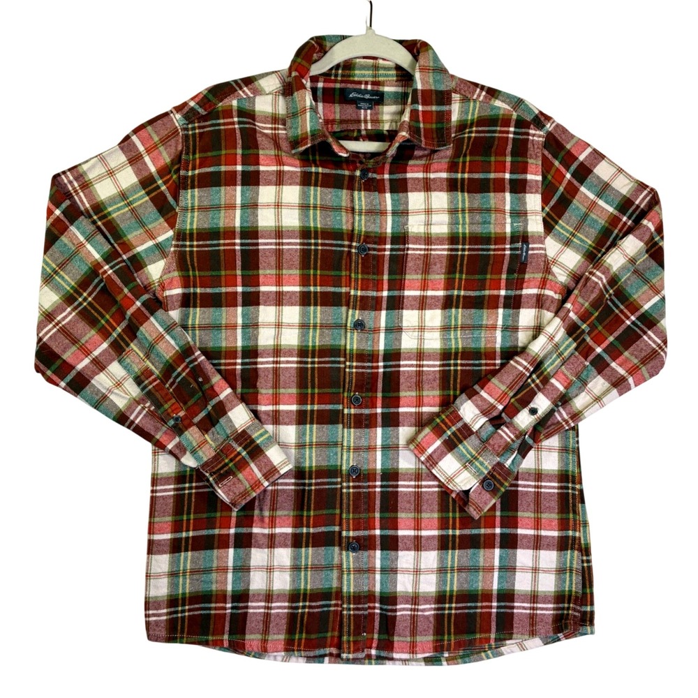 Eddie Bauer Mens Medium Plaid Flannel Button Down Shirt Rust Green Long Sleeve